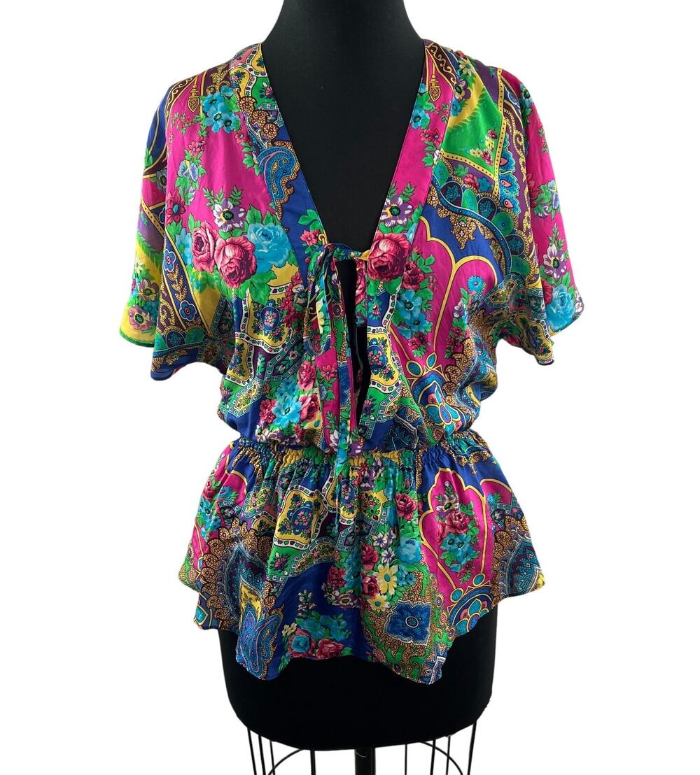 Van Laack Silk FINA Blouse Top Mixed Print Dolman Sleeve Tie Front Size 34